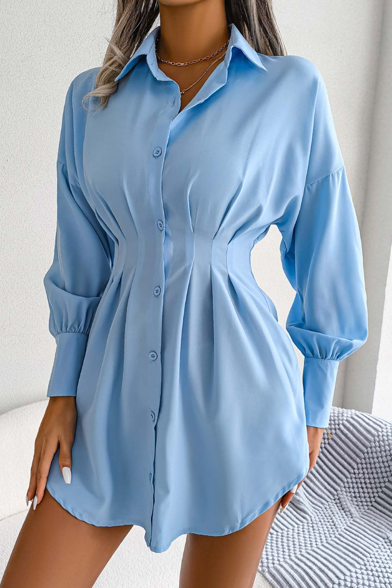 BXOXO - Latern Sleeve Button Pleated Shirt Dress