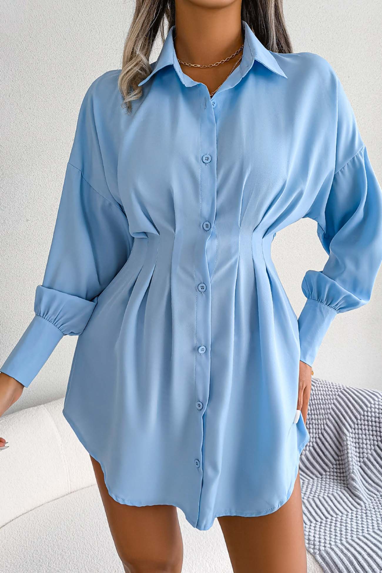 BXOXO - Latern Sleeve Button Pleated Shirt Dress