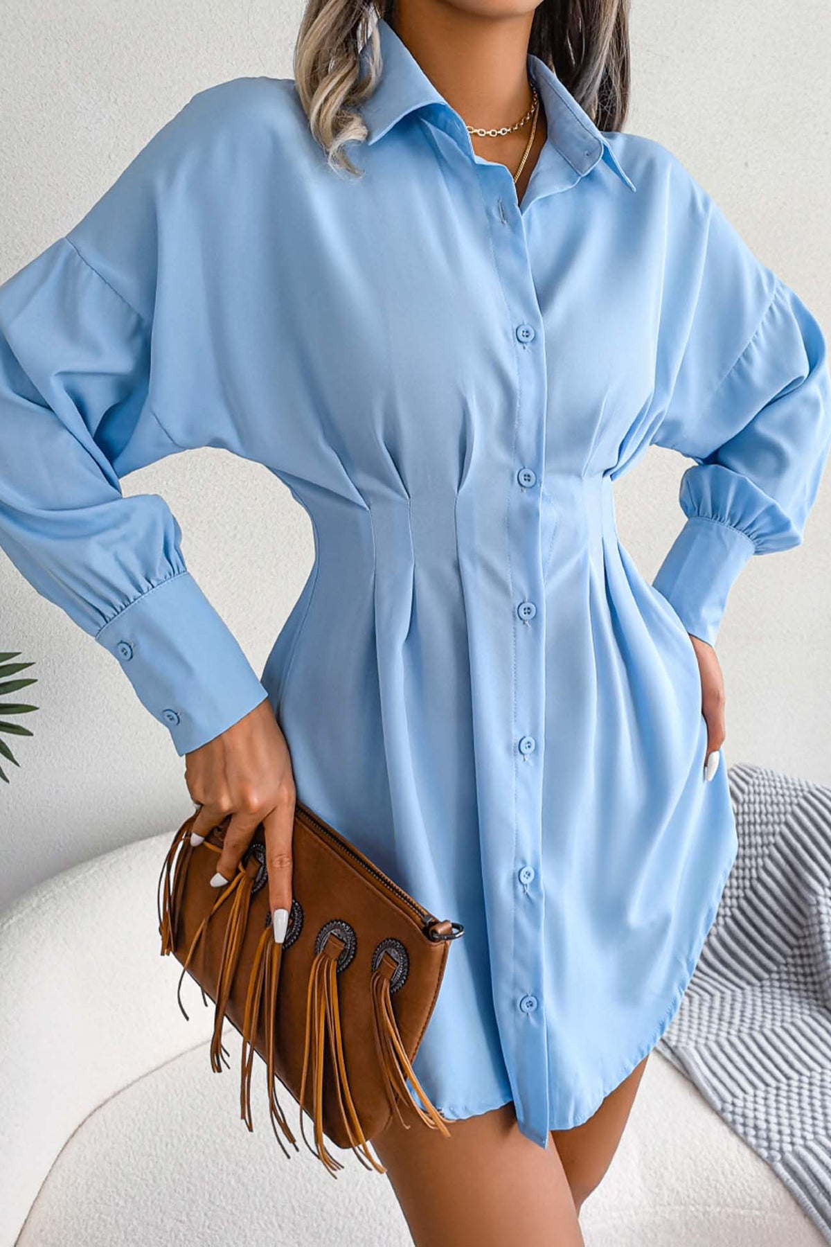 BXOXO - Latern Sleeve Button Pleated Shirt Dress