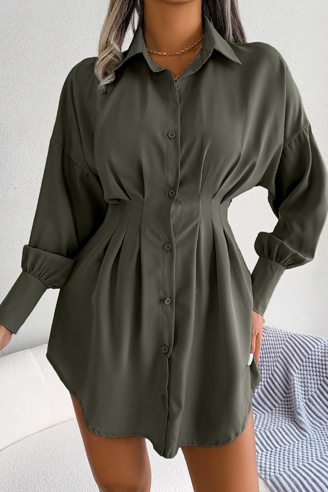 BXOXO - Latern Sleeve Button Pleated Shirt Dress