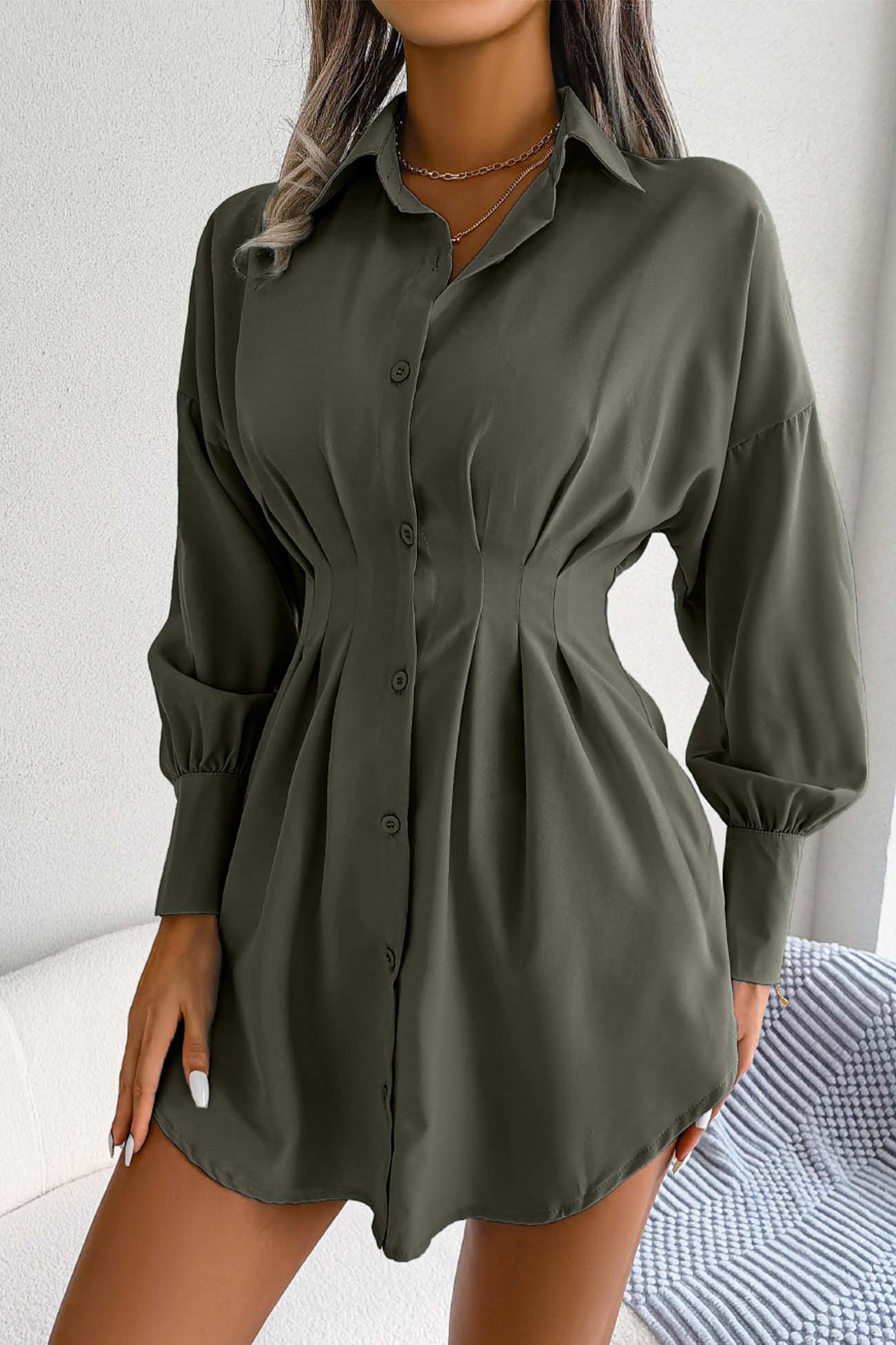 BXOXO - Latern Sleeve Button Pleated Shirt Dress