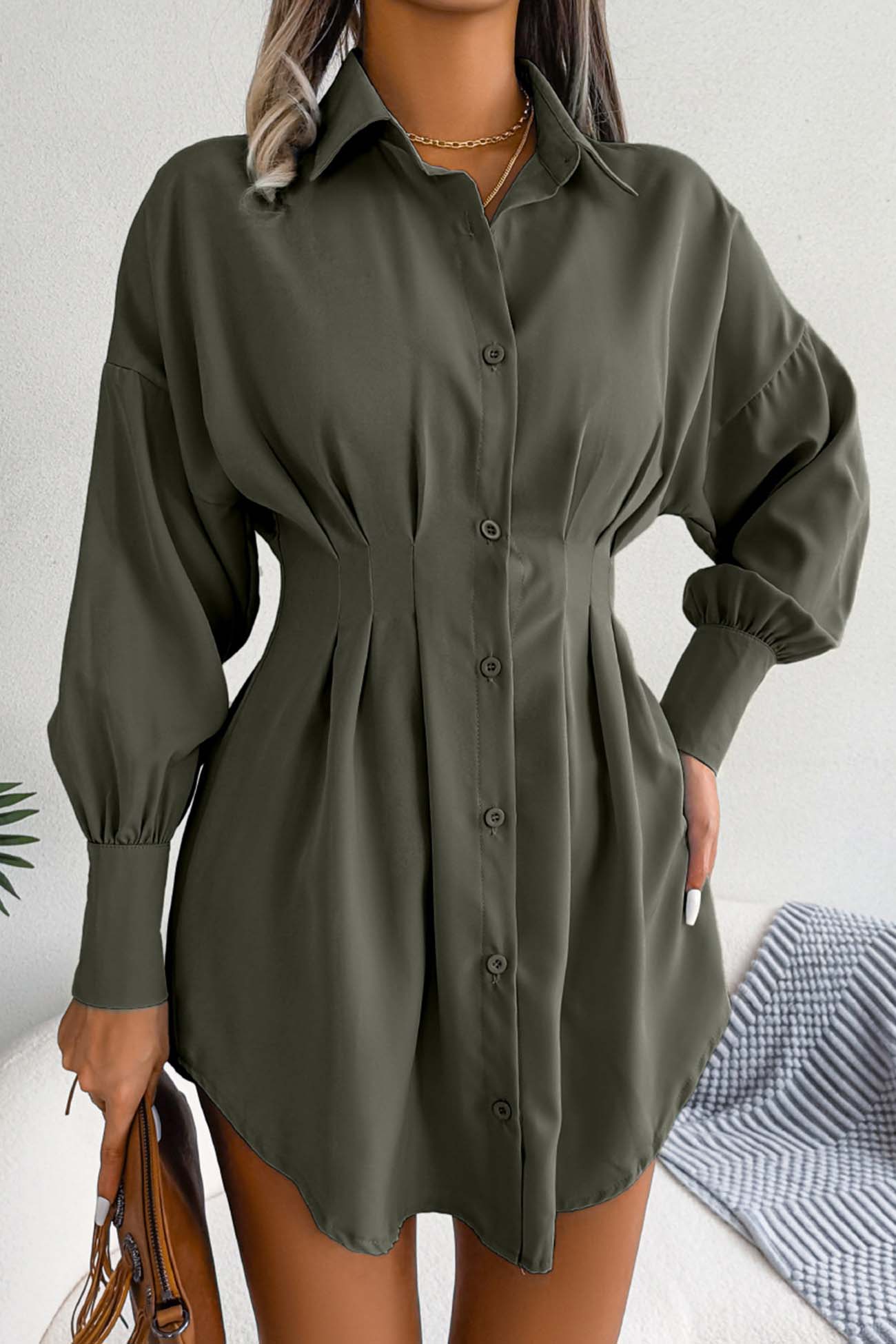 BXOXO - Latern Sleeve Button Pleated Shirt Dress