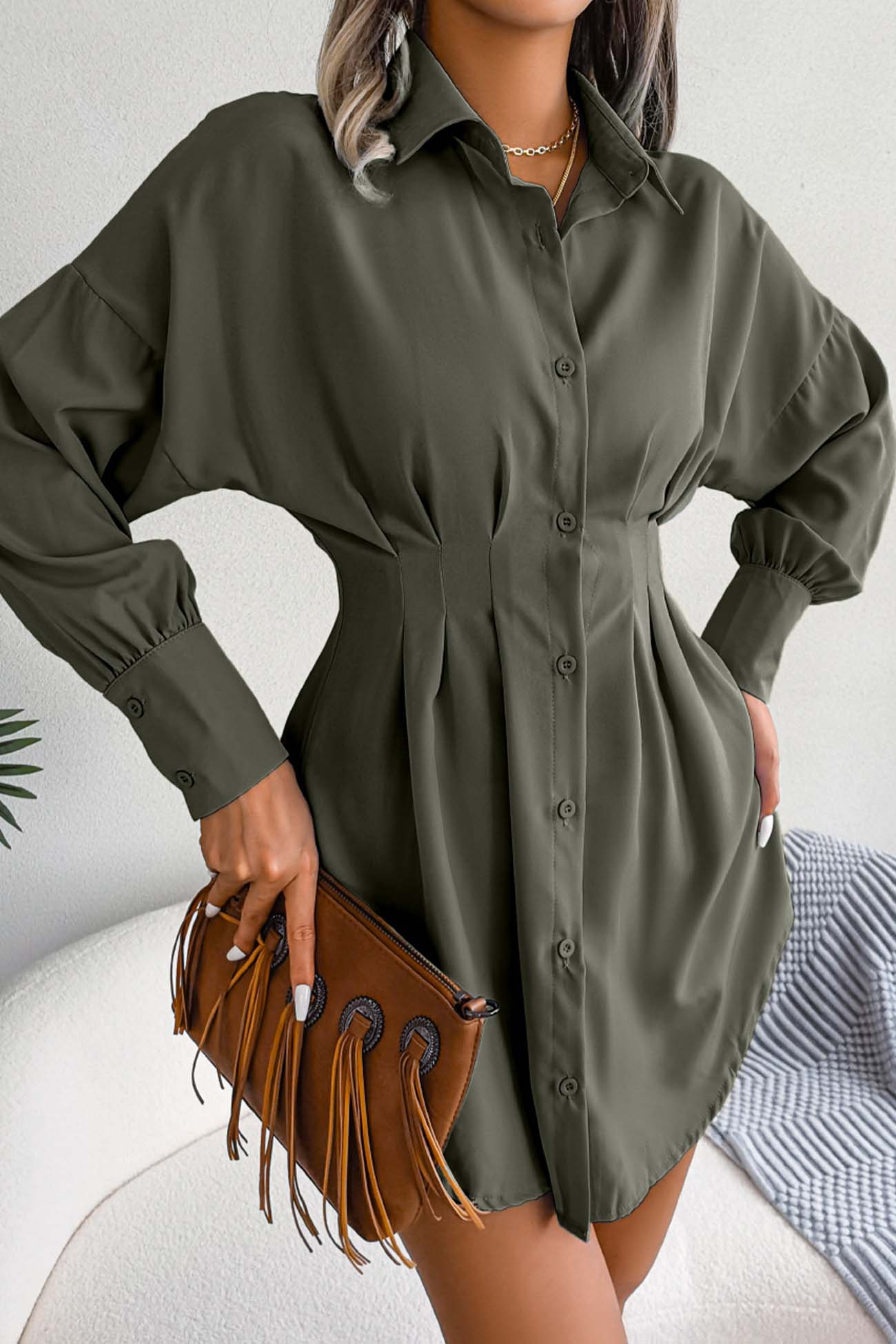 BXOXO - Latern Sleeve Button Pleated Shirt Dress