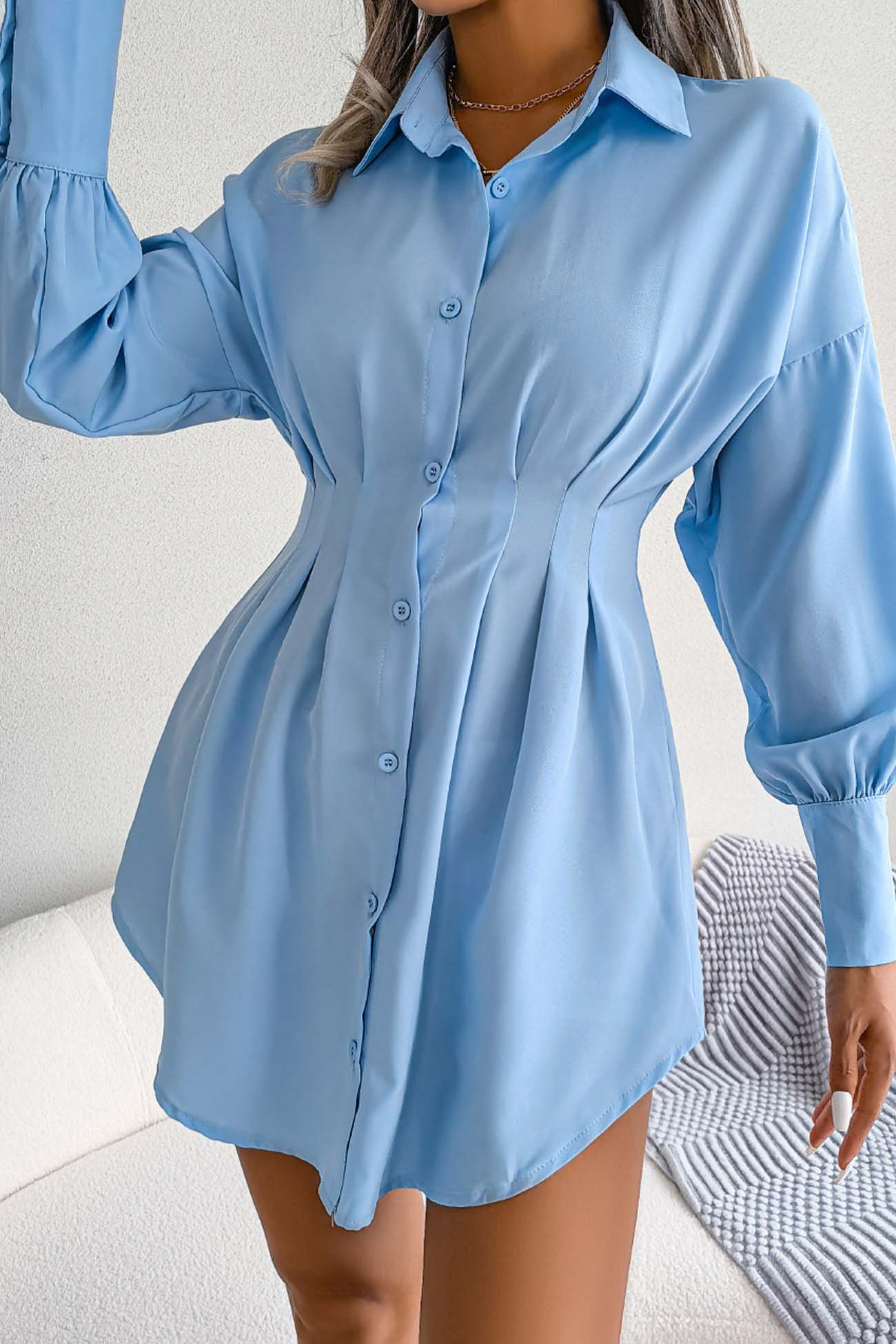 BXOXO - Latern Sleeve Button Pleated Shirt Dress