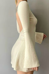 BXOXO - Long Flares Sleeve Backless Cable Knit Dress