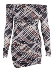 Off Shoulder Checkered Long Sleeve Mini Dress