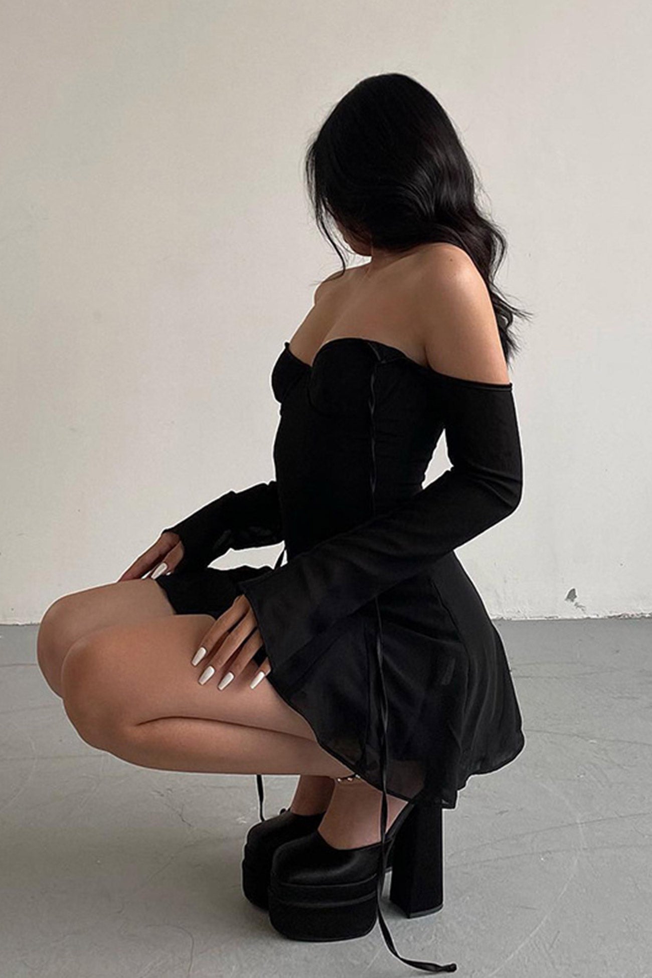 BXOXO - Mesh Off Shoulder Tie-back Mini Dress