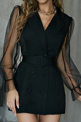 BXOXO - Mesh Sleeves Double-breasted Belted Blazer Dress