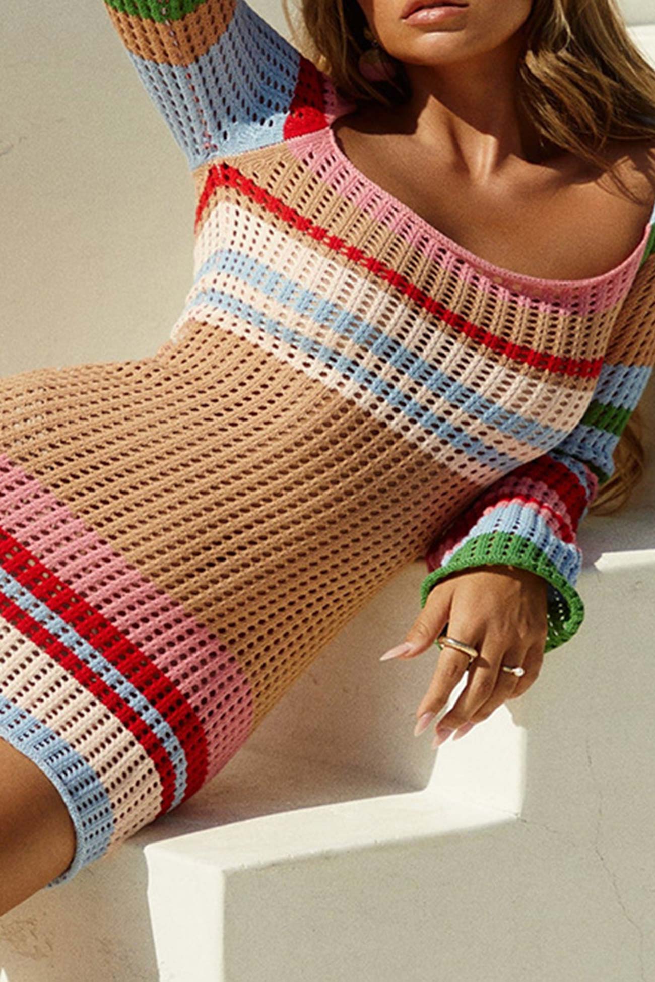 BXOXO - Multi-color Contrast Hollow Out Knit Dress