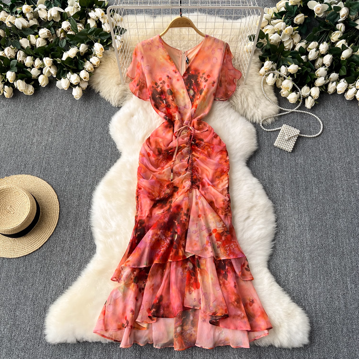 Printed Ruffled Mermaid Dress HOT1112