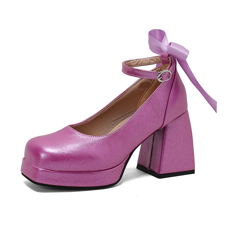 shoes 40-48 Spring Fashion Single-Layer Shoes with Bow Strap Thick High Heel Platform Women's Shoes