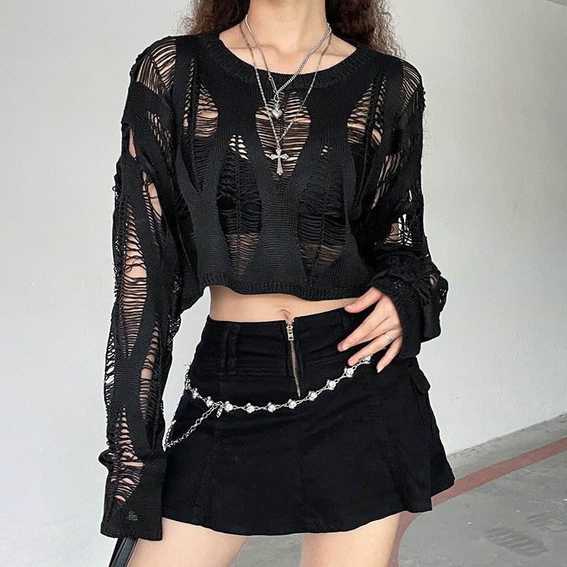 grunge outfits Knitted Blouse T Top Summer and Autumn Women's Clothing Hot Girl Sexy Ripped Dark Hollow Long Sleeve