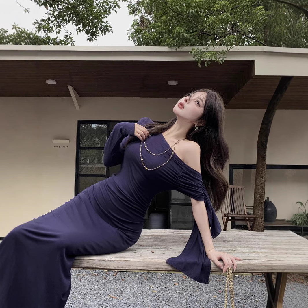 fall outfits Wine Red Ribbon Shoulder Long Sleeve Dress Women's Autumn Slim Irregular Skirt Tight Waist Sheath Dress