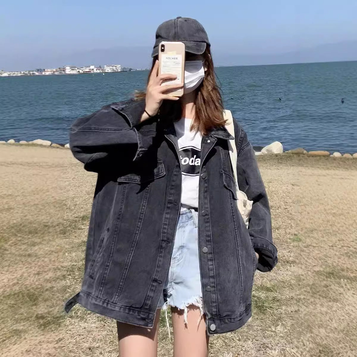 joker costume female outfit Spring and Autumn Black Denim Jacket Top Women's Autumn Trendy Loose Korean Style Hong Kong Style Casual Fried Street Jacket