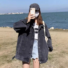 joker costume female outfit Spring and Autumn Black Denim Jacket Top Women's Autumn Trendy Loose Korean Style Hong Kong Style Casual Fried Street Jacket
