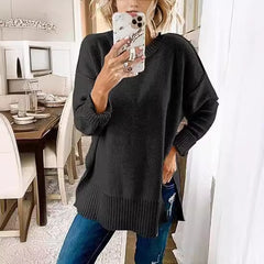 fall outfits women Sweater Women's Hot Sale 2024 Casual round Neck Side Slit Pullover Sweater Loose Long Sleeve Pullover Top