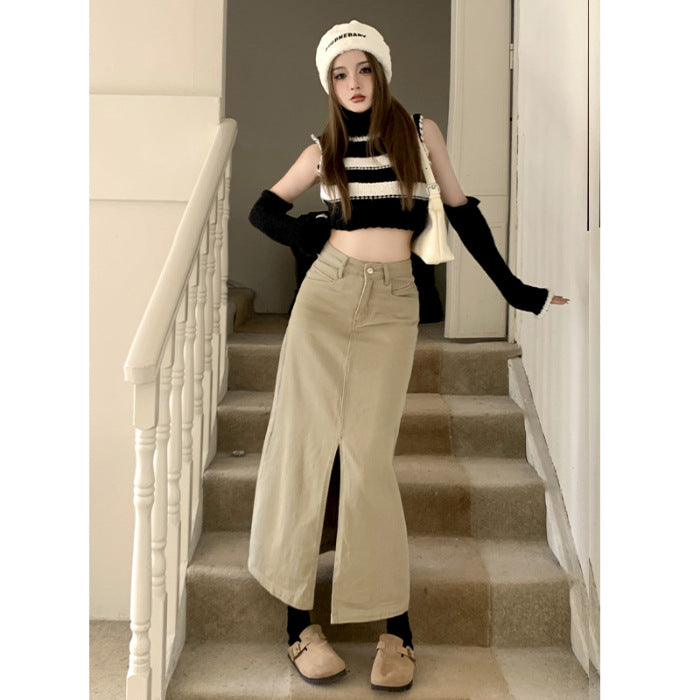 outfit Creamy-white Front Slit Denim Skirt Women's Early Spring High Waist Loose A- line Mid-Length Hip Skirt