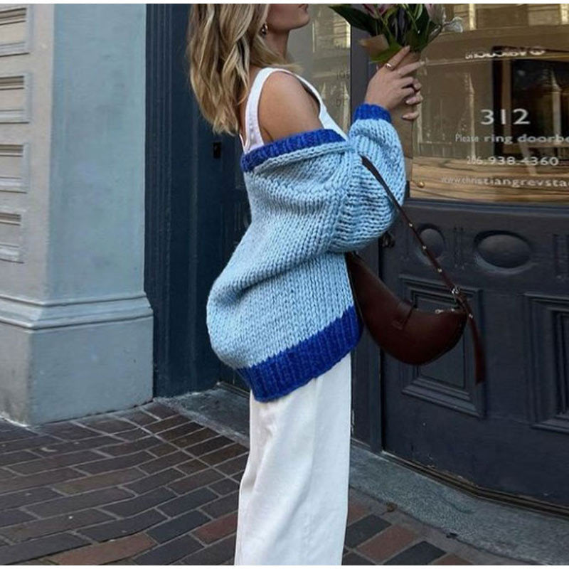 women’s fashion New Color Matching Knitted Long-Sleeved Cardigan Fashion Women's Loose Casual Sweater Coat