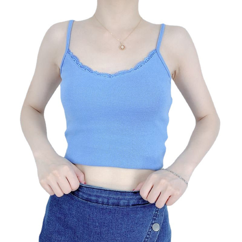 summer outfits inspo 2024ins Slim-Fit Backless Camisole Knitted Thread Eyelash Collar Vest Solid Color Blue Vest