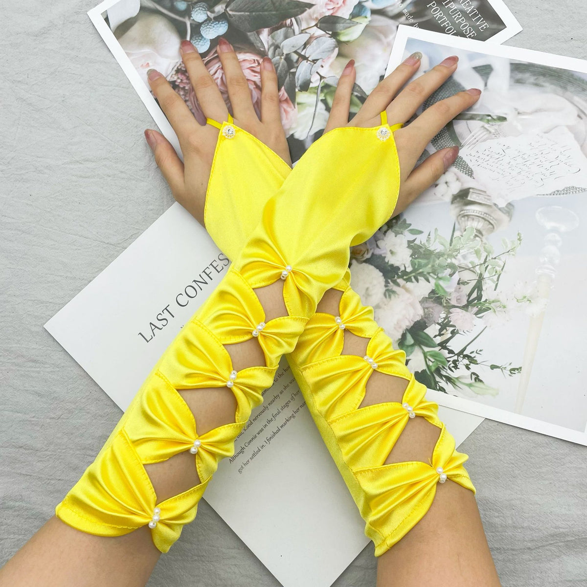 fairy costume Bridal Wedding Latin Dress Lolita Accessories Embroidered Beads Gloves Elastic Satin Ball Gloves