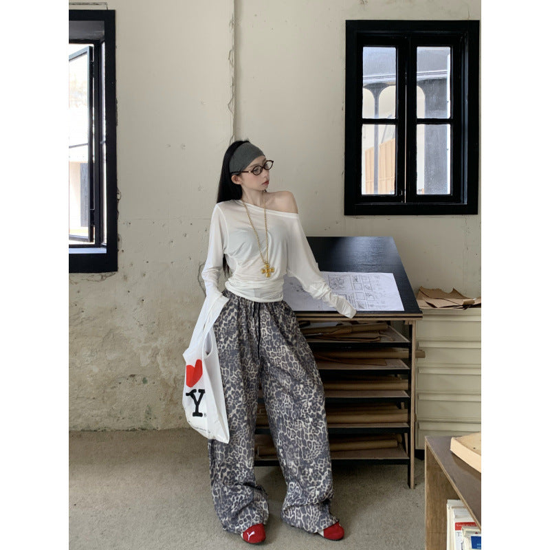brunch outfit fall American Retro Leopard Print Wide-Leg Pants Women's Slimming Straight Pants Elastic Waist Casual Pants Sports Pants Mopping Pants