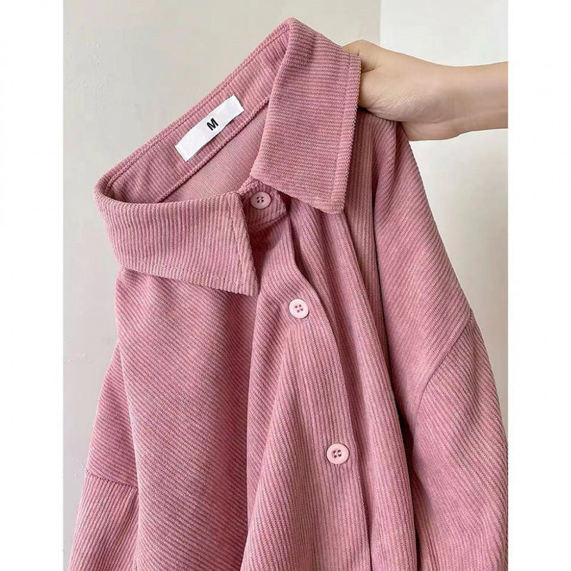 joker costume female outfit Autumn and Winter Sweet College Style Pink Corduroy Shirt Women's Inner Wear Loose Bottoming Shirt