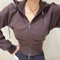 fashion outfits Autumn and Winter New Double Zipper Fleece-lined Jacket Women's Polar Fleece Hooded Sweater Tight Waist Knitted Cardigan Warm Coat Slimming