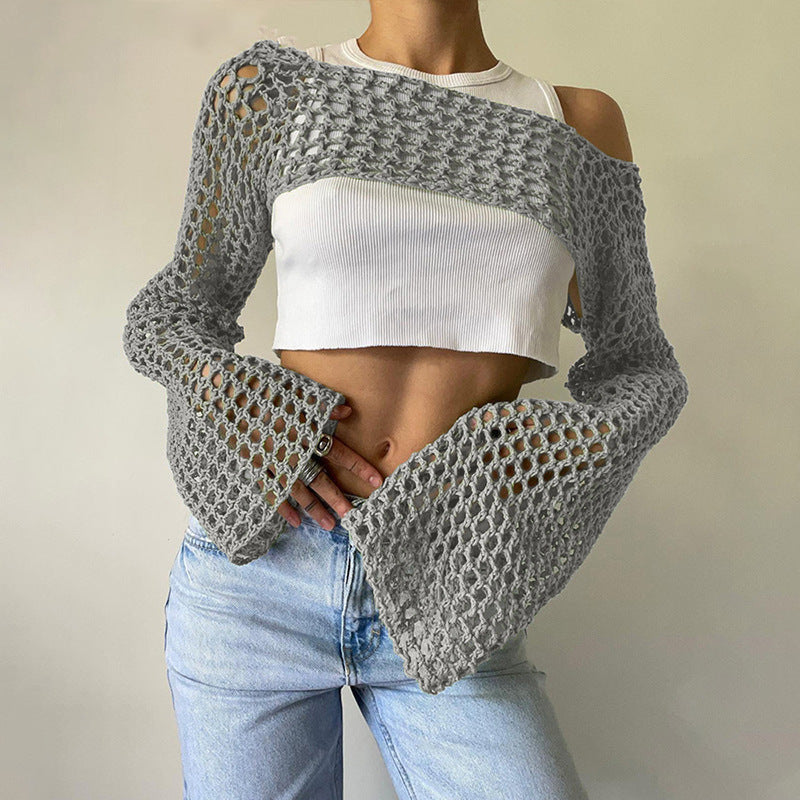dti outfits Autumn New Women's Hand Hook Sweater Women's Casual Ultra Short Bell Sleeve Sexy Mesh Blouse Fashion