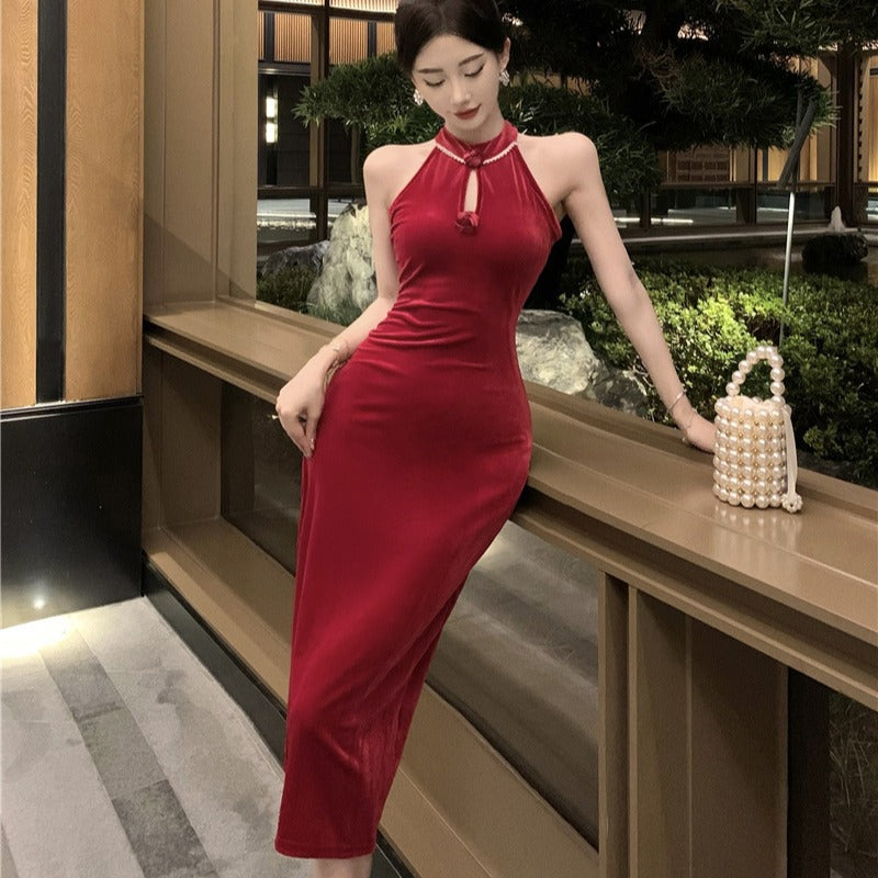 dress to impress outfits Banquet Host Auto Show Dress Long Dress Improved Cheongsam Dress Sexy Split Halter Velvet Dress