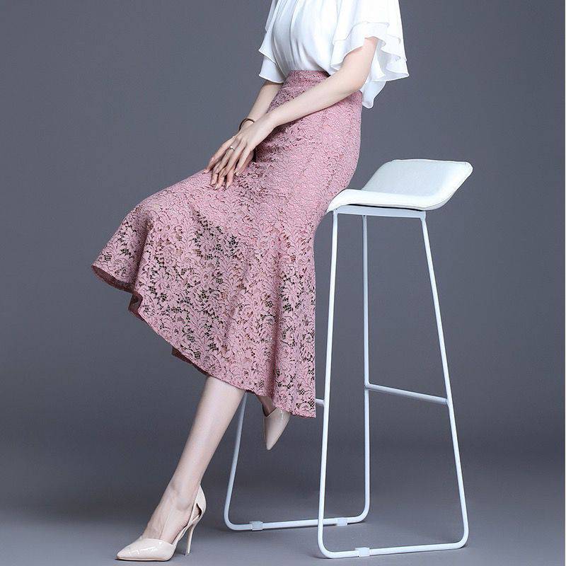fashion outfits Pink Women's Lace Fishtail Skirt Autumn Skirt Elegant Mid-Length Hip Skirt Fashion