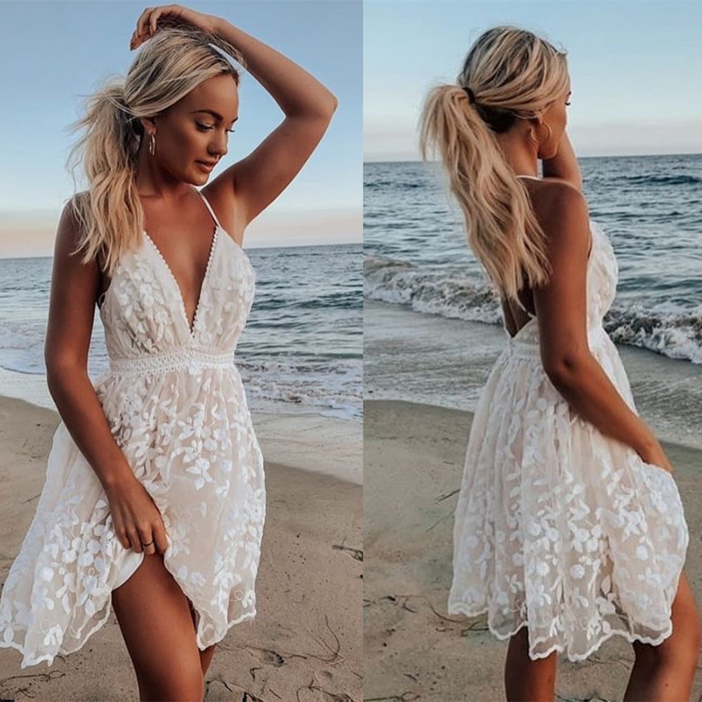 fall bridal shower outfit for guest Summer New Sexy Deep V-neck Backless Suspender Dress Lace Beach Dress