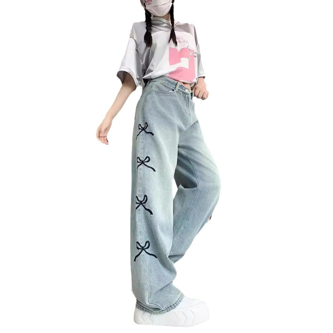 outfit ideas for school Women's Bowknot Embroidered Light-Colored Jeans Summer New Loose Straight Wide-Leg Mop Long Pants