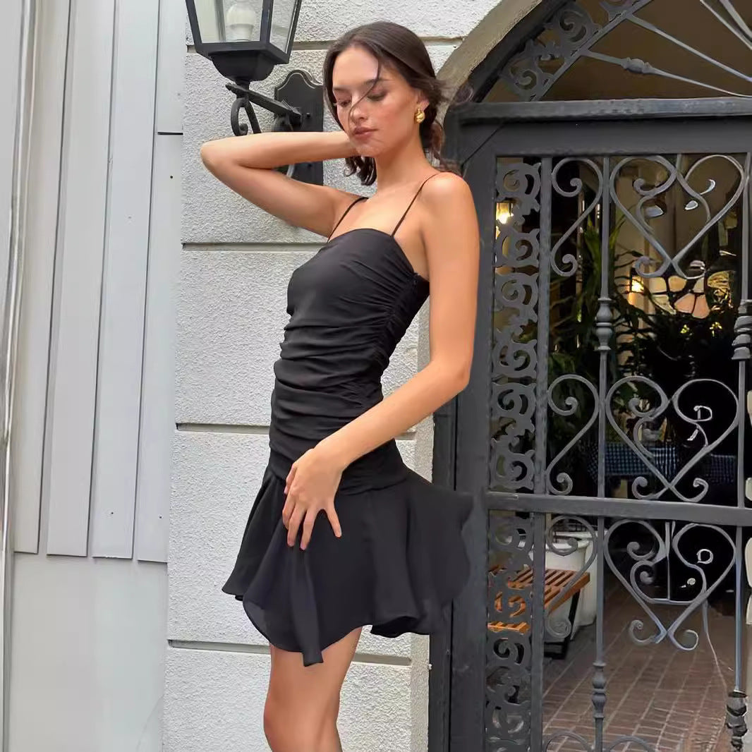 y2k outfits Women's Summer off-Neck Pleated Waist Slimming Light Chiffon Suspender Skirt