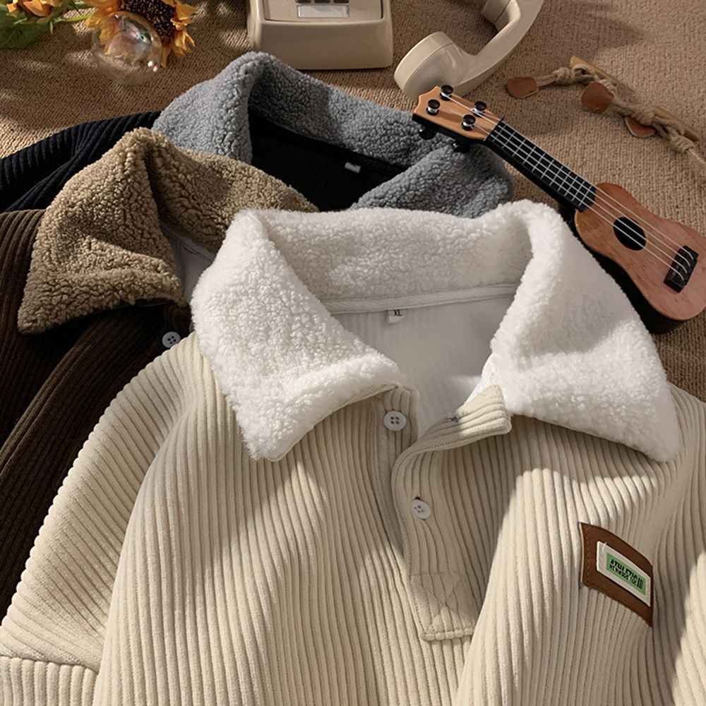 mens fall outfits Corduroy Polo Collar Sweater Autumn and Winter Fleece-lined Thickened Lamb Wool Coat Men's Winter Hong Kong Style Teenagers