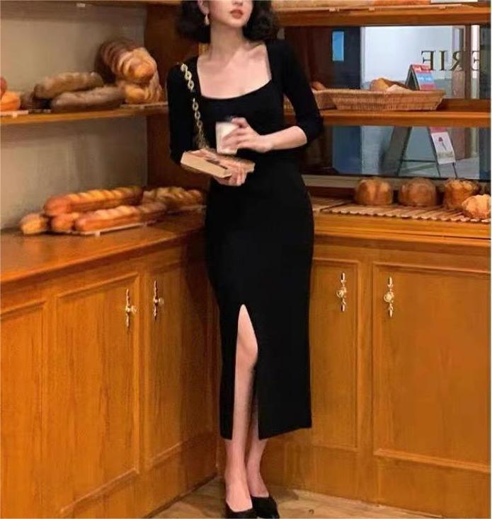 2000s fashion Hong Kong Style Retro Square Collar Dress Figure-Flattering Royal Sister Style Tight Waist Hip Skirt Long Sleeve Split Big Beauty Start Skirt