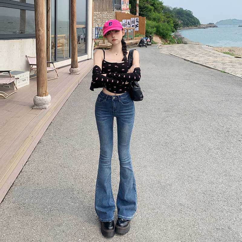 datenight fall outfits Multi-Color Retro High Waist Slim-Fit Stretch Flared Jeans Women's Cropped Trousers Lengthened