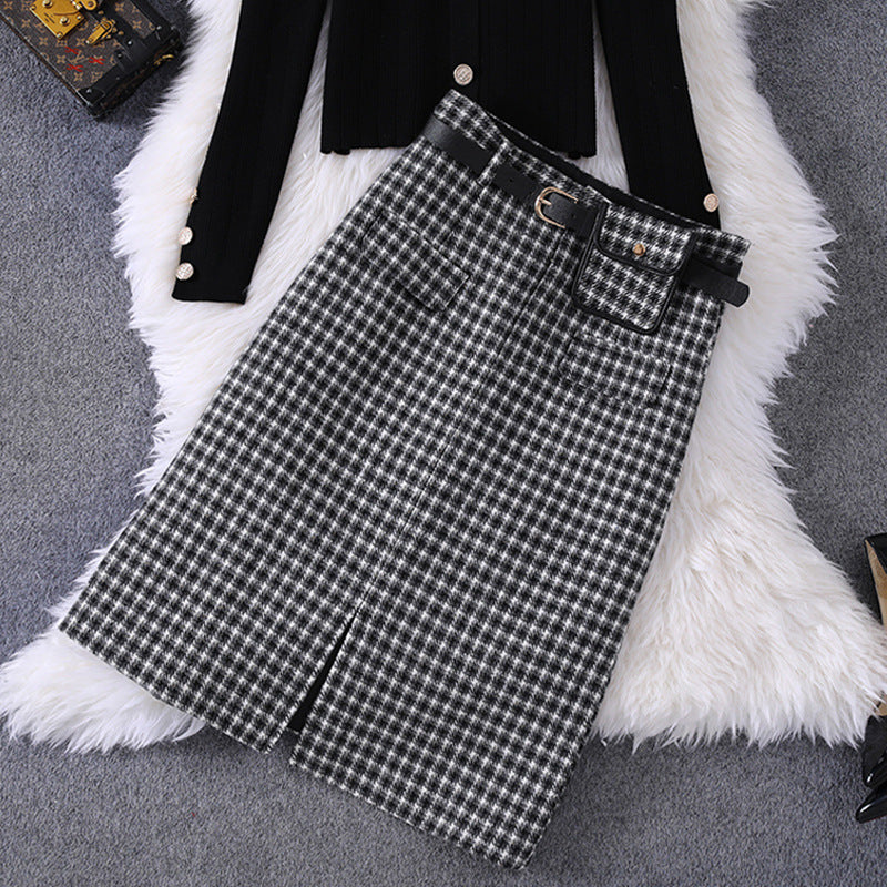 fall outfits Autumn Women's round Neck Knitted Slim Top Plaid with Belt Skirt Casual Suit