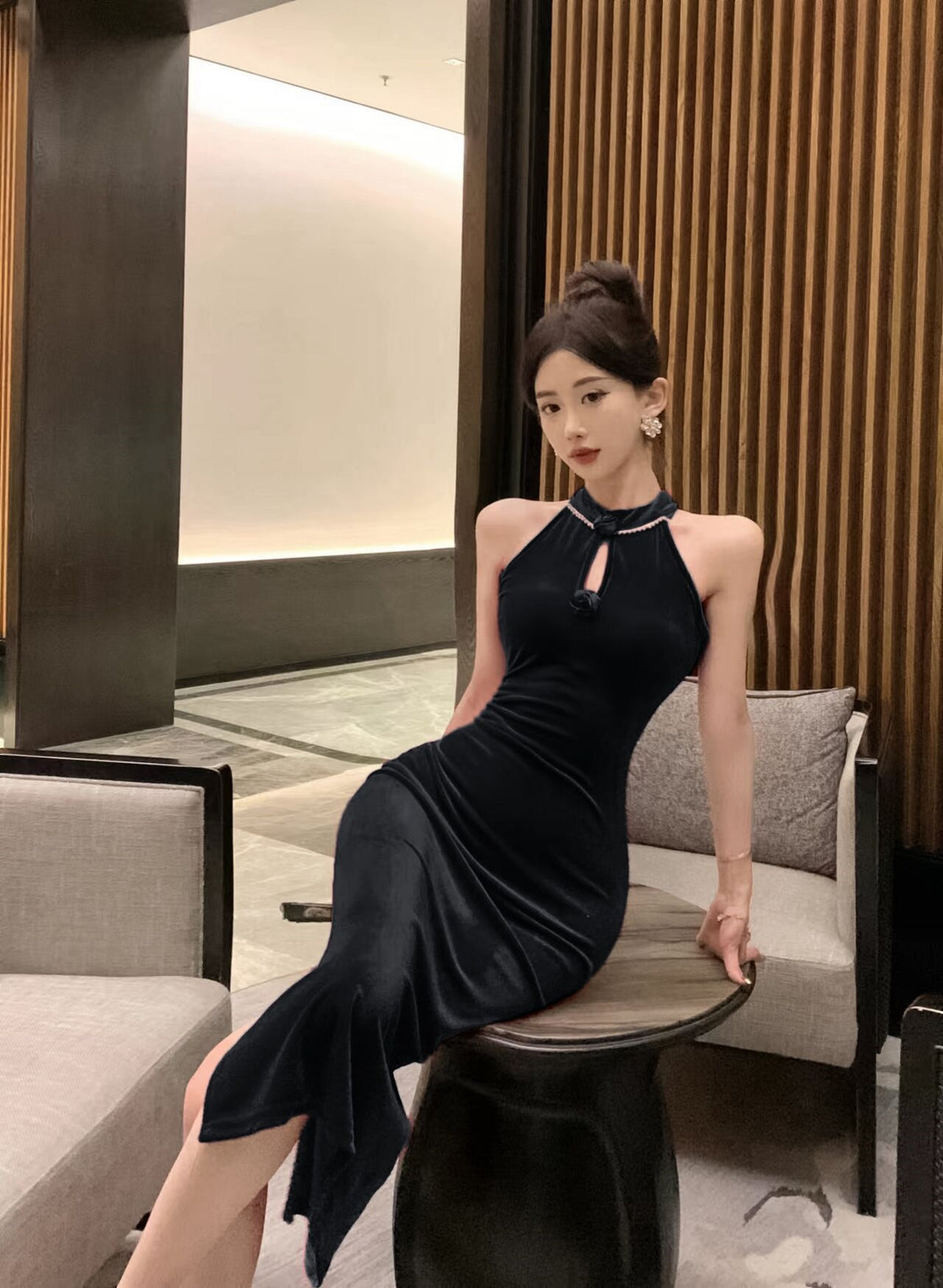 dress to impress outfits Banquet Host Auto Show Dress Long Dress Improved Cheongsam Dress Sexy Split Halter Velvet Dress
