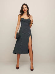 summer outfits inspo Sexy Side Slit Slim High Waist Sling Midi Dress Summer French Retro V-neck Polka Dot Print Dress Women