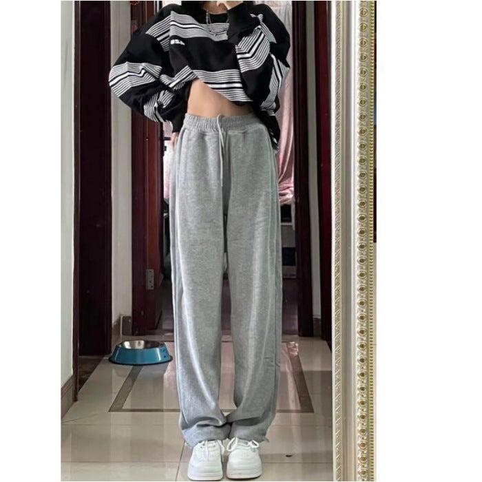 clothes Gray Sports Pants for Women Spring and Autumn New High Waist Loose Wide Leg Pants Ankle-Tied Sweatpants Slim Casual Pants Straight Pants