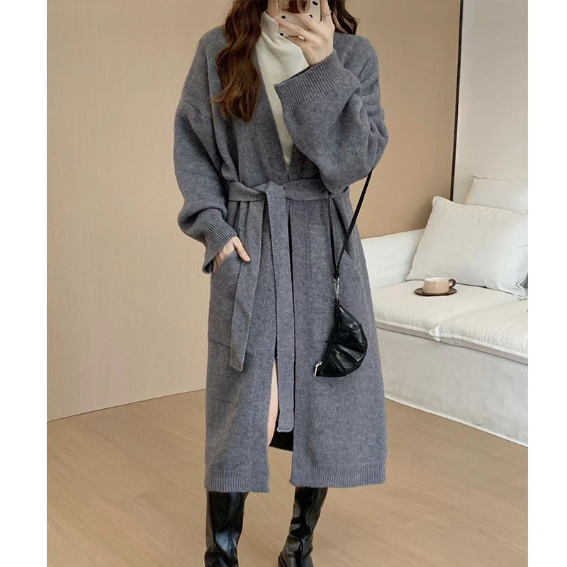 black sweater dress outfit Fashionable Loose Long over-the-Knee Knitted Cardigan for Women Autumn and Winter Lazy Temperament Sweater Coat Overcoat