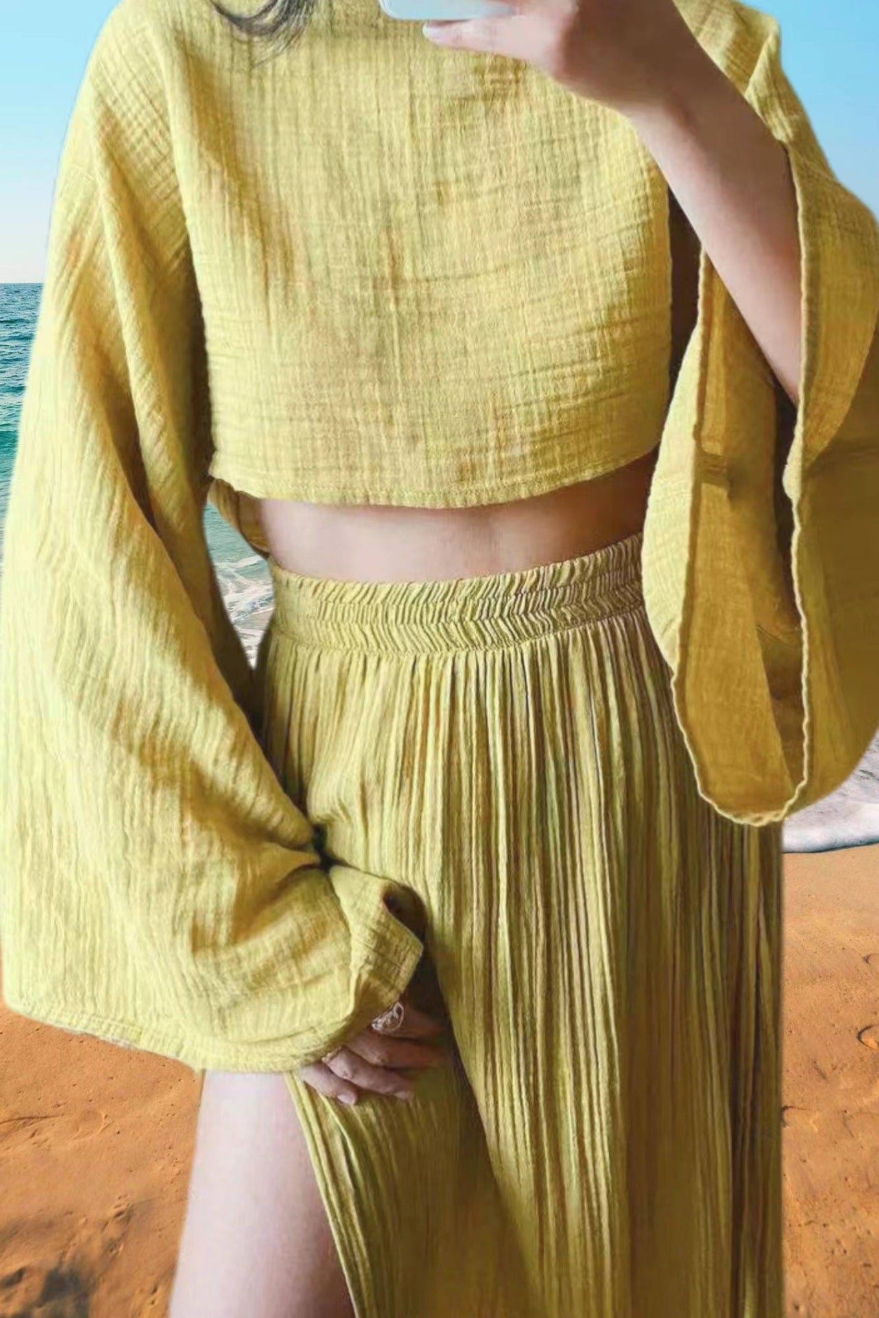 outfit ideas Leisure Vacation Linen Blend Short Top High Waist Chic Slit Cotton Linen Casual Two-Piece Set Suit