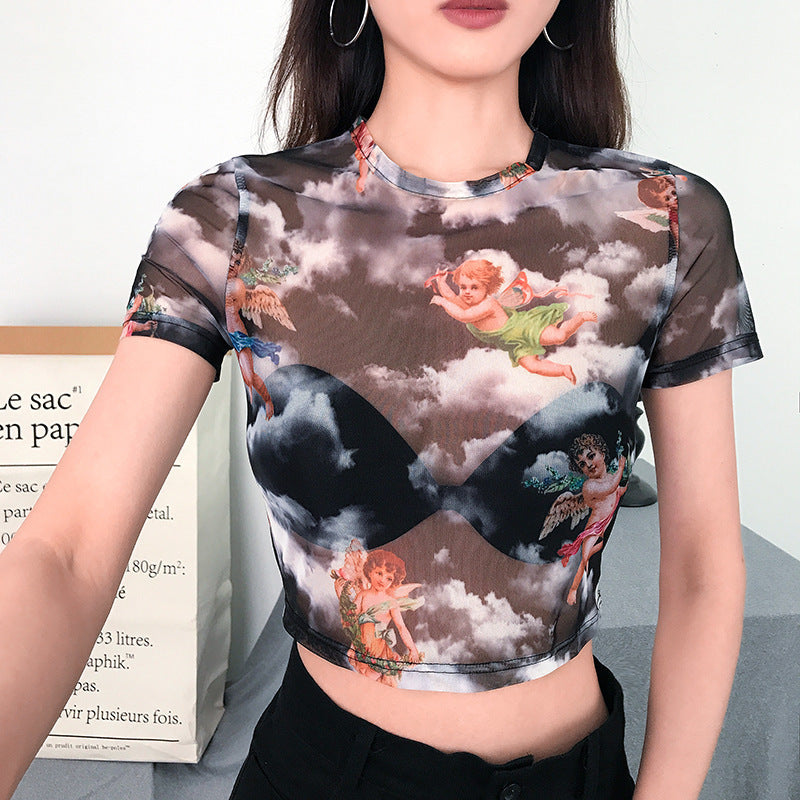 hipster Women's Mesh Hollow Butterfly Print Long-Sleeved Cropped T-shirt Bottoming Shirt for Women