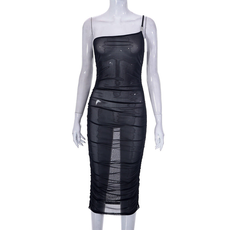 going out outfits Style Women's Clothing Summer New Mesh Transparent One-Shoulder Sleeveless Sexy Hot Girl Dress