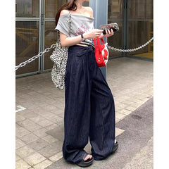 work outfits women Retro Low Waist Pleated Wide Belt Straight Jeans Women's Loose Wide Leg Mopping Pants 2024 Autumn