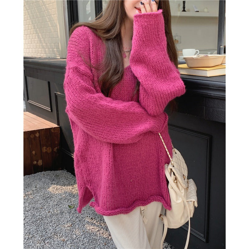 2000s fashion Korean Style Lazy V-neck Pullover Split on Both Sides Slimming Long Sleeve Sweater