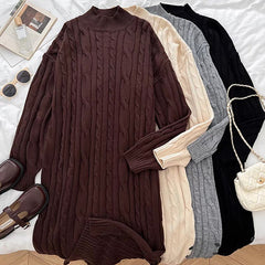 long sweater dress outfit Lazy Style Thick Twist over-the-Knee Sweater Dress Women's Winter Mid-Length round Neck Thickened Knitted Dress