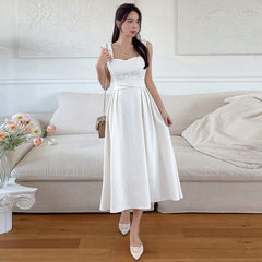 cybergoth dress to impress Summer New Sleeveless Waist Solid Color Square Collar Dress Women's Design Sense Niche Slim A- line Midi Dress