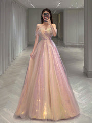 BXOXO A Line Tulle Sequin Long Prom Dress, Off Shoulder Formal Graduation Dress