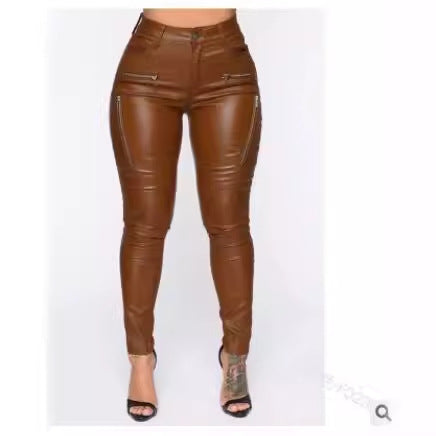 casual dinner outfit fall Fashionable Personalized Tight Casual Pants Women's Zipper Mid-Waist Leather Pants with Pockets Pu New Elastic Pencil Pants